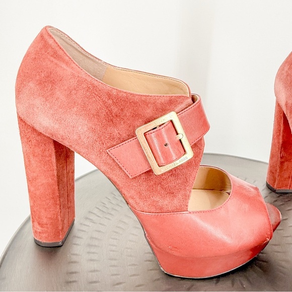 Michael Kors Eleni 4.5" Block Heels Platform Peep Toe Brick Red Suede Leather - Picture 6 of 8